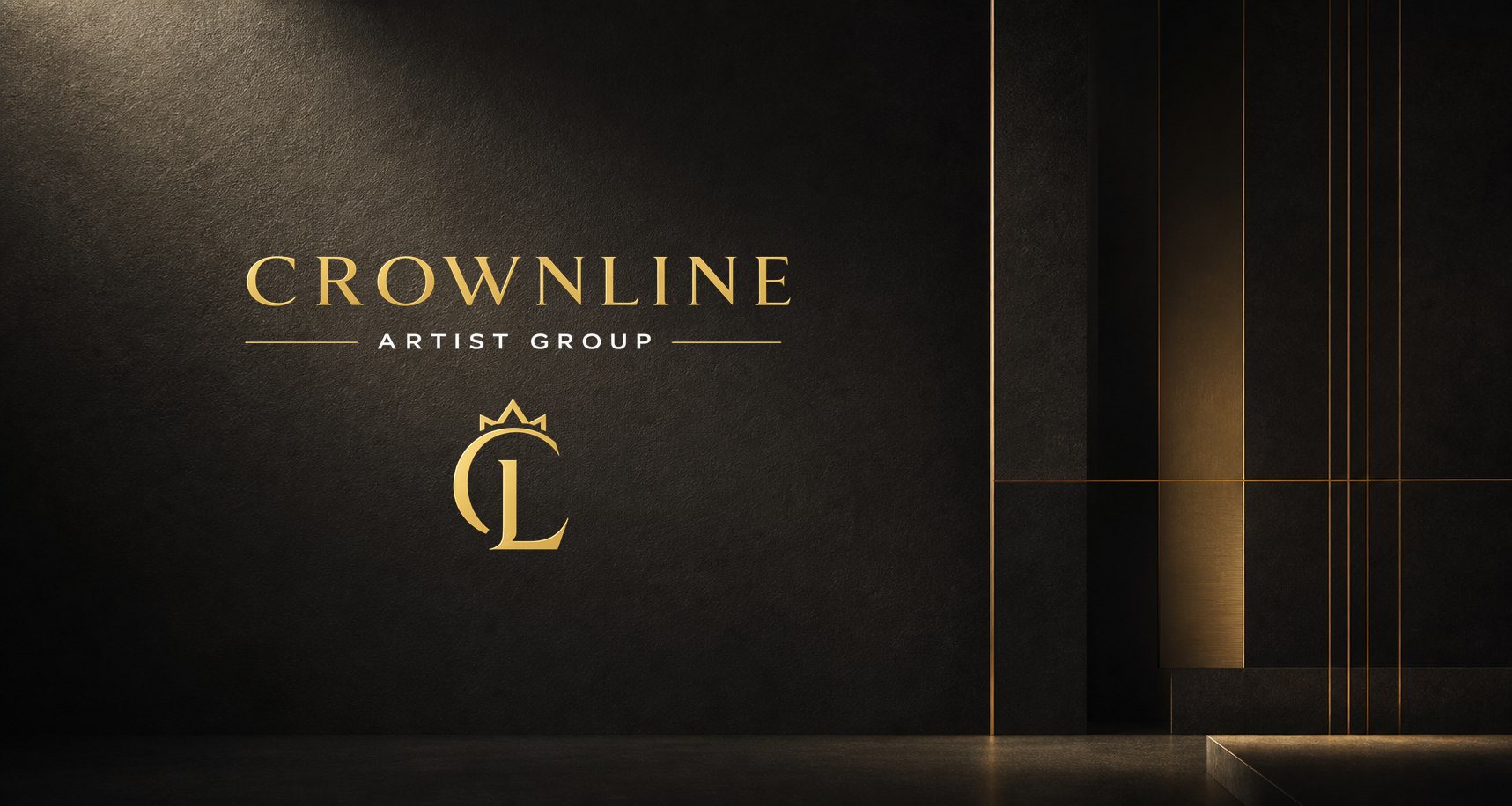 Crownline Artist Group seal mounted on a dark stone wall with gold inlay